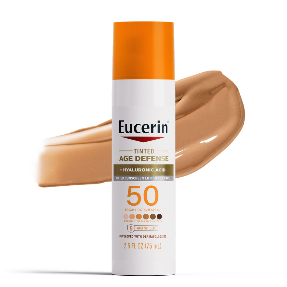 Eucerin Sun Tinted Age Defense SPF 50 Face Sunscreen Lotion with Hyaluronic Acid, Hypoallergenic, Non-Comedogenic Tinted Sunscreen SPF 50 Free of Fragrance, Oxybenzone and Octinoxate, 2.5 Fl Oz Bottle