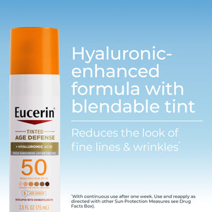 Eucerin Sun Tinted Age Defense SPF 50 Face Sunscreen Lotion with Hyaluronic Acid, Hypoallergenic, Non-Comedogenic Tinted Sunscreen SPF 50 Free of Fragrance, Oxybenzone and Octinoxate, 2.5 Fl Oz Bottle