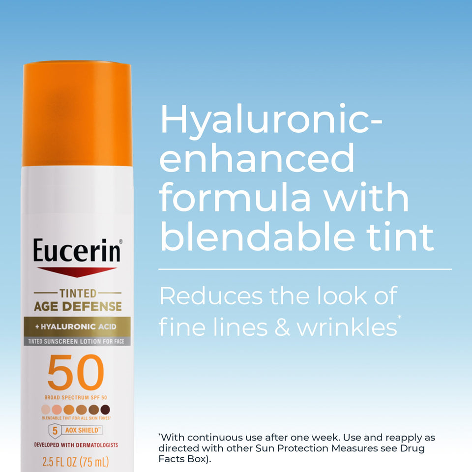 Eucerin Sun Tinted Age Defense SPF 50 Face Sunscreen Lotion with Hyaluronic Acid, Hypoallergenic, Non-Comedogenic Tinted Sunscreen SPF 50 Free of Fragrance, Oxybenzone and Octinoxate, 2.5 Fl Oz Bottle