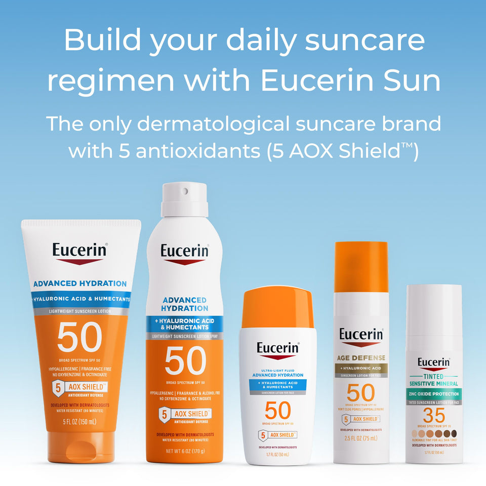 Eucerin Sun Tinted Age Defense SPF 50 Face Sunscreen Lotion with Hyaluronic Acid, Hypoallergenic, Non-Comedogenic Tinted Sunscreen SPF 50 Free of Fragrance, Oxybenzone and Octinoxate, 2.5 Fl Oz Bottle